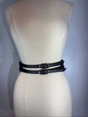 Danier Black Leather Woven Belt Double Buckle Wide Waist Belt Small